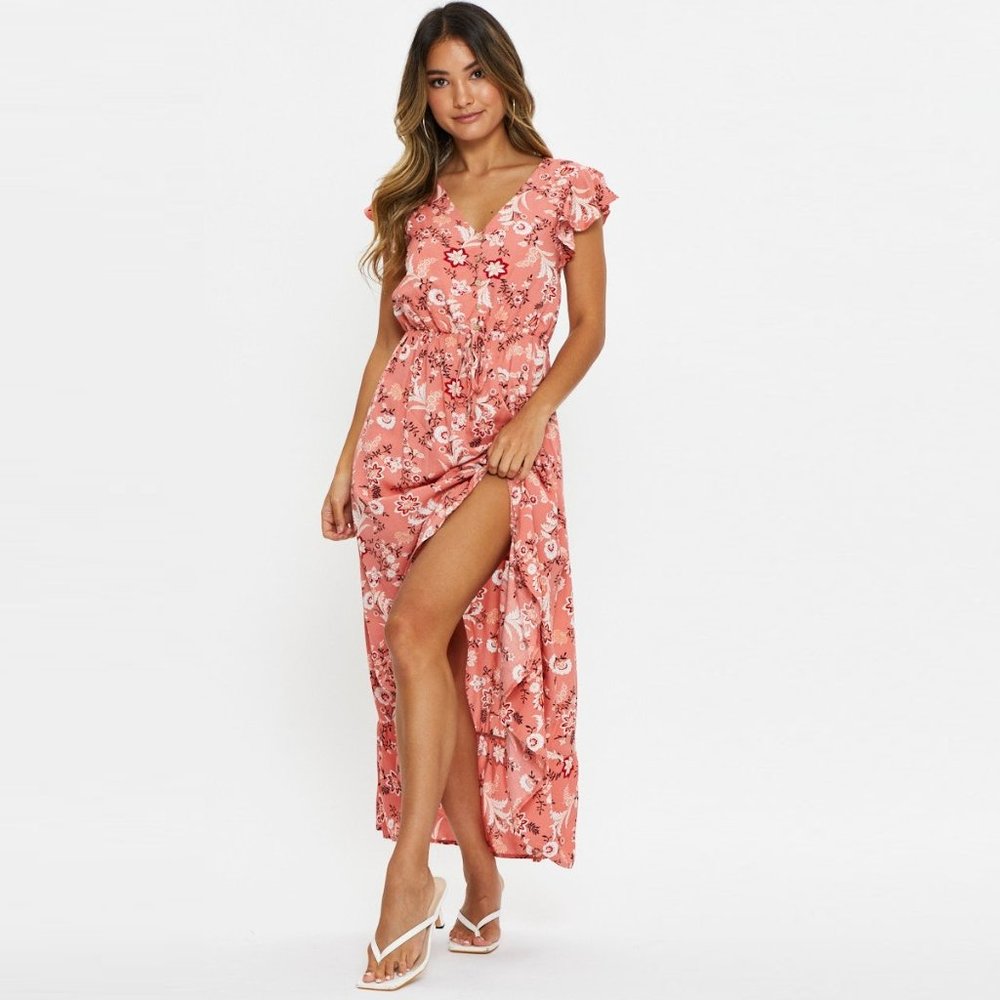 Coral Pink Boho Floral Ruffle Midi Dress NWT - Picture 2 of 10